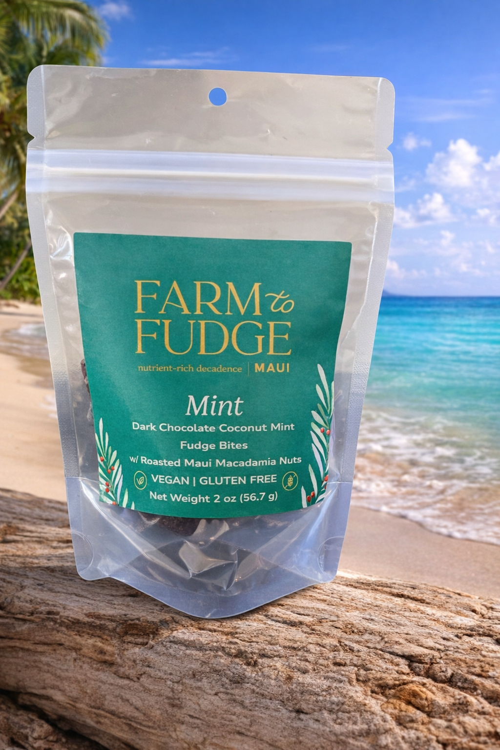 WHOLESALE Mint Dark Chocolate Coconut Vegan Fudge Bites w/ Macadamia Nuts (Pouch) - Farm to Fudge Maui