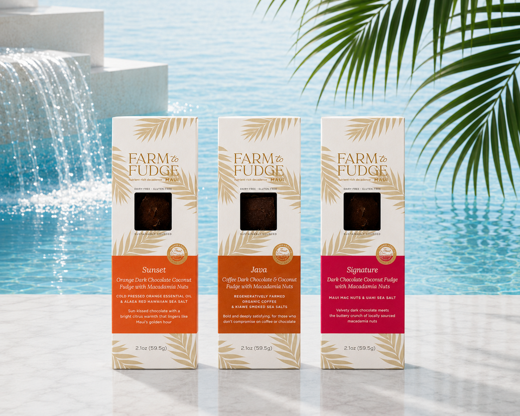 Hawaii’s Favorite Trio Farm to Fudge Maui Packaging with water background and palm leaf.