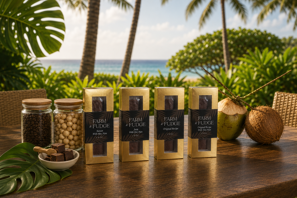 Vegan Fudge Box with five golden boxes from Farm to Fudge Maui, including Sunset, Mint, Java with macadamia nuts, Original Recipe, and Original with macadamia nuts.