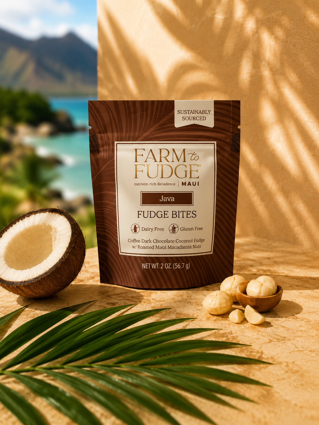 Dark chocolate coconut fudge bites with macadamia nuts in a pouch, dairy-free, from Farm to Fudge Maui, displayed in the image.