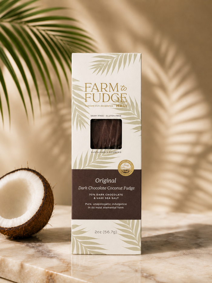 Dark chocolate coconut dairy-free fudge by Farm to Fudge, showcasing rich chocolate and shredded coconut in a wholesale package.