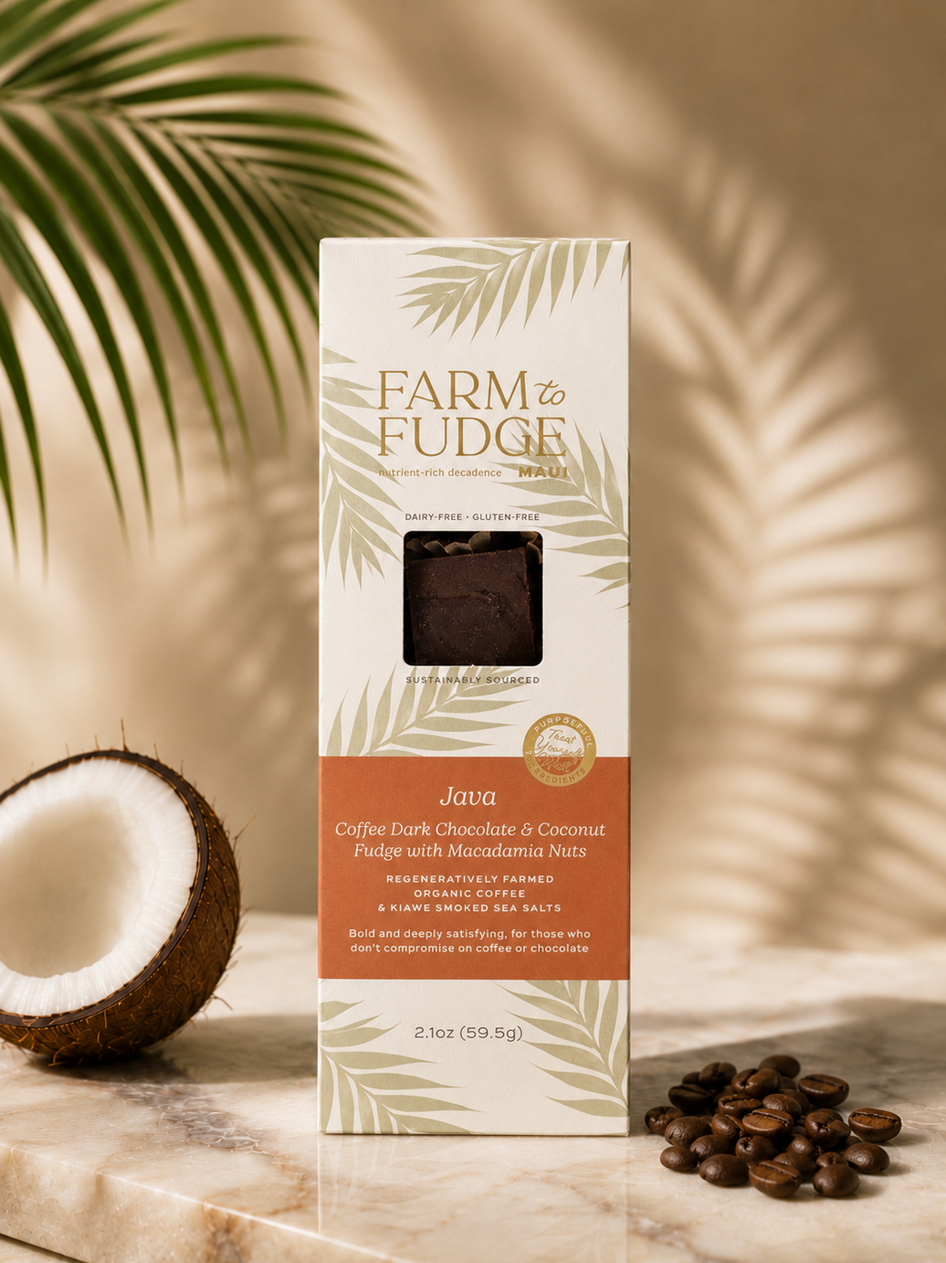 Farm to Fudge wholesale Java chocolate dairy-free fudge with macadamia nuts, showing a close-up of the rich, nut-studded fudge.