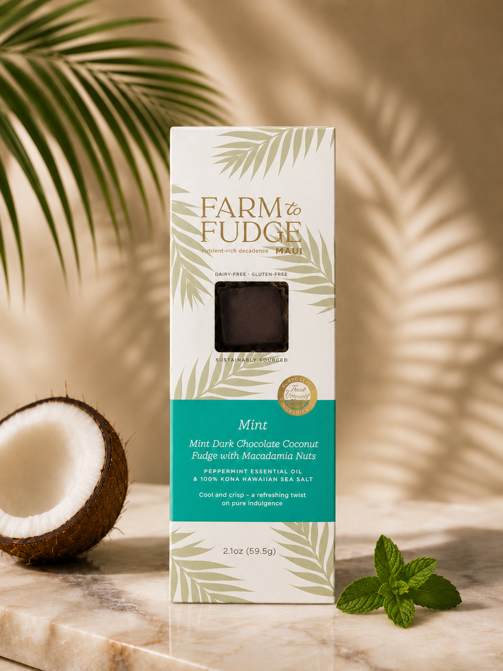 Farm to Fudge Maui vegan dark chocolate coconut fudge with macadamia nuts in a seasonal 4-piece box, showcasing rich chocolate and nut textures.