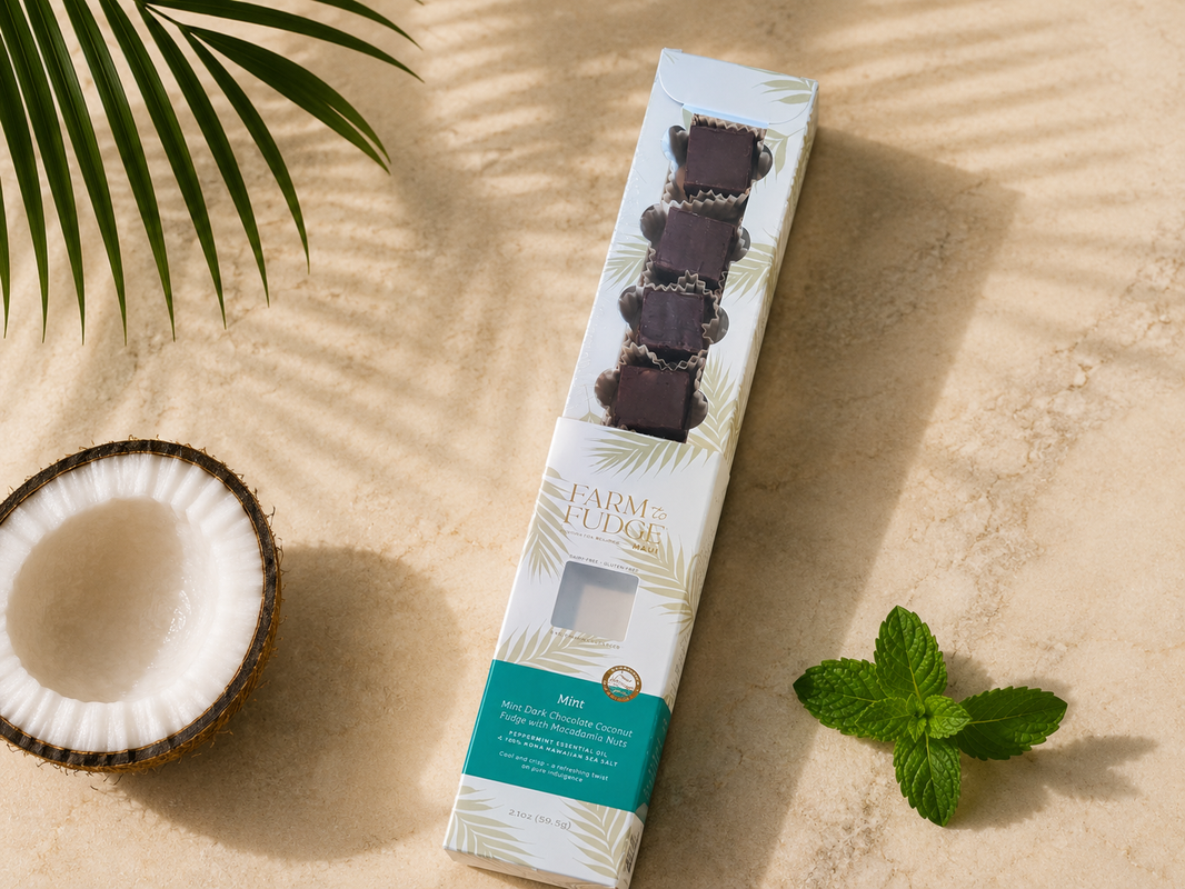 image Whole wholesale mint dark chocolate coconut vegan fudge with macadamia nuts in a 4-piece seasonal box by Farm to Fudge Maui