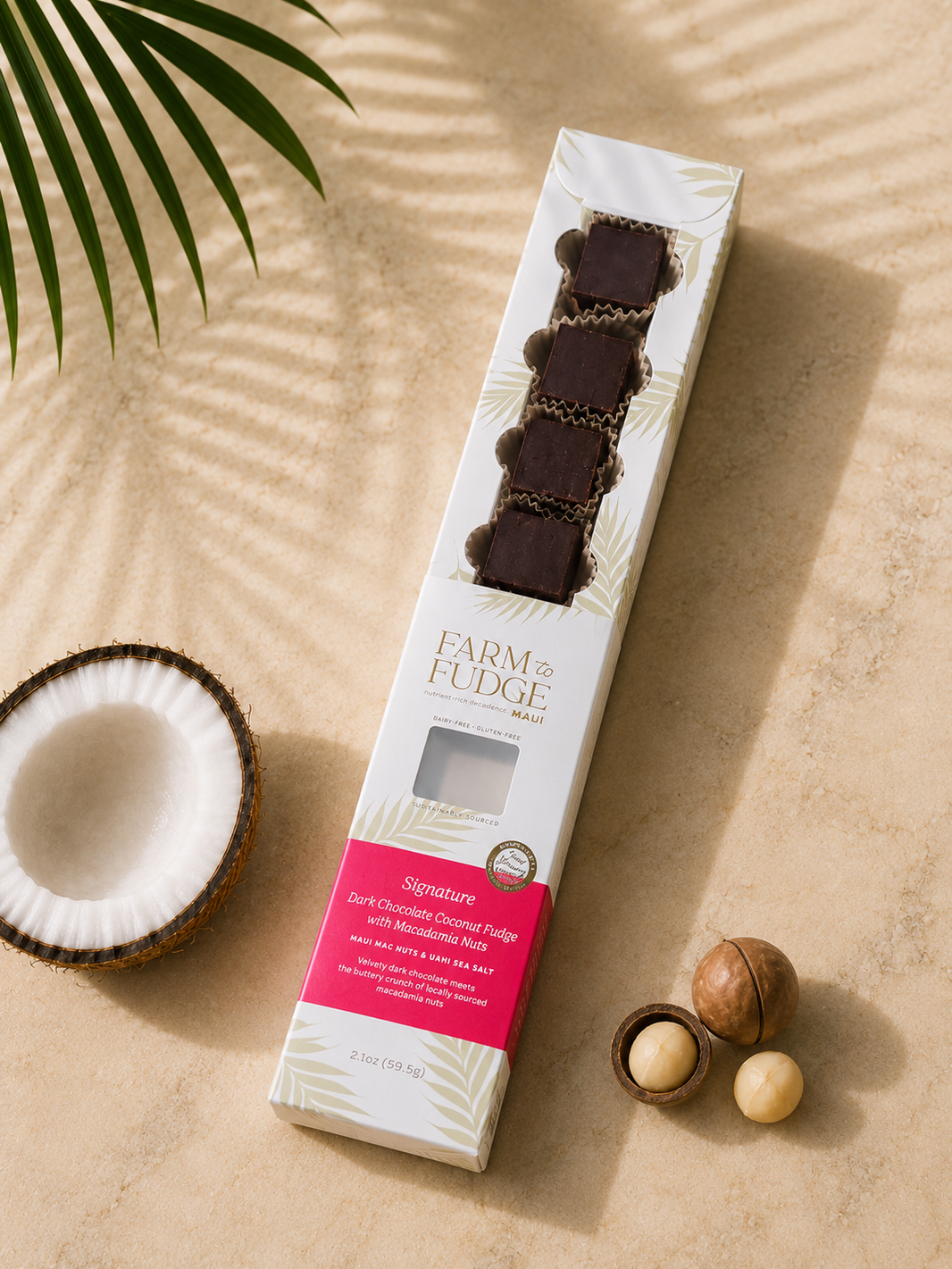 image Whole wholesale dark chocolate dairy-free fudge with macadamia nuts from Farm to Fudge, showing a rich chocolate piece with nuts.