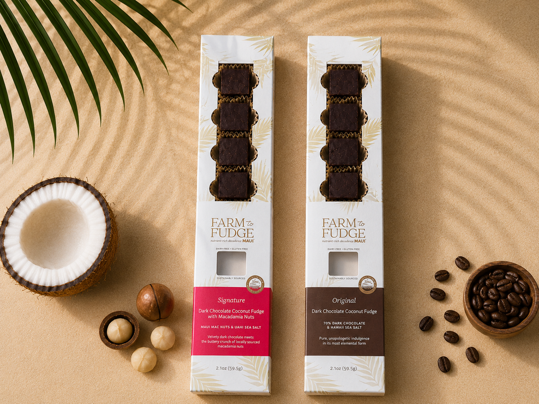 image Farm to Fudge Maui Purist Duo with Original and Signature fudge featuring Macadamia Nuts on a wooden surface.