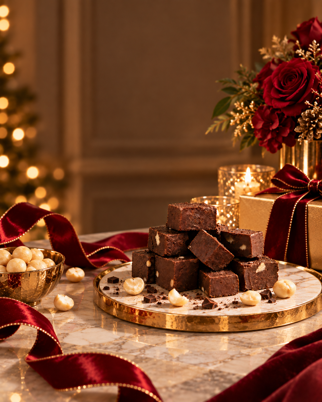 A styled holiday tabletop scene with a stack of chocolate brownies topped with white chocolate chips on a round gold-rimmed platter. Red velvet ribbons, gold bowls of white chocolate candies, a gold gift box with a red bow, and a floral arrangement with red roses are arranged around it, with a softly blurred Christmas tree and warm lights in the background.