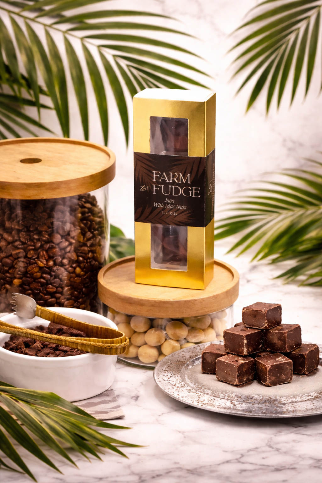 Box of Farm Fudge on a wooden stand with fudge pieces and coffee beans on a marble surface.