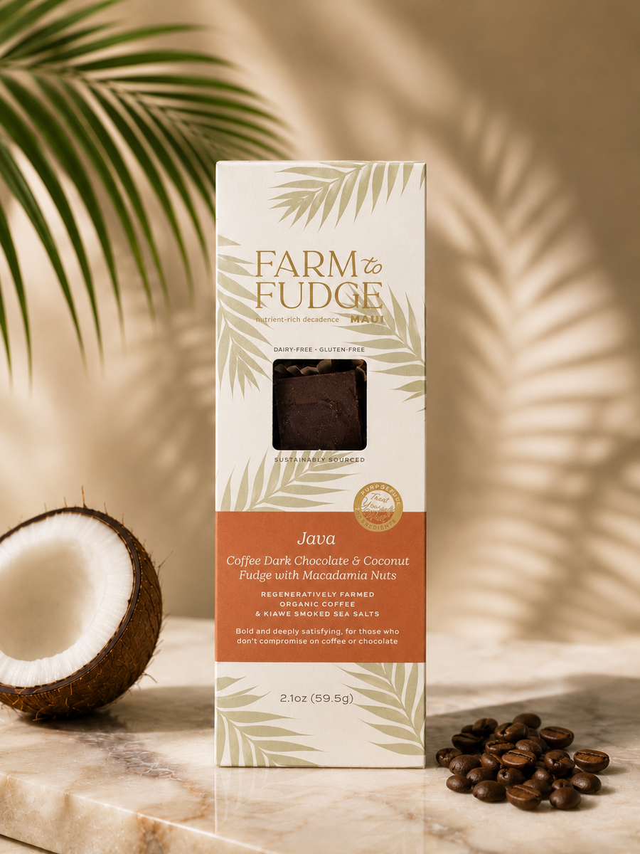 Farm to Fudge wholesale Java chocolate dairy-free fudge with macadamia nuts, showing a close-up of the rich, nut-studded fudge.
