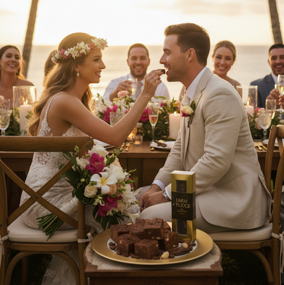 Bride and groom eating Farm to Fudge Maui, Hawaii's best vegan fudge. Everybody is laughing and smiling in the photo.