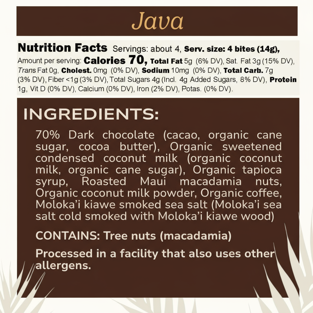 Java Dark Chocolate Coconut Fudge w/ Macadamia Nuts (4-piece box)