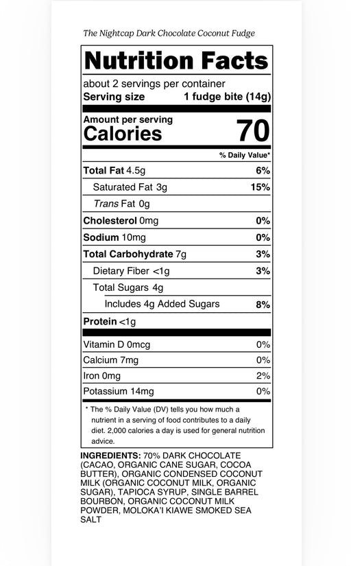 Nutrition facts label for a fudge product on a white background