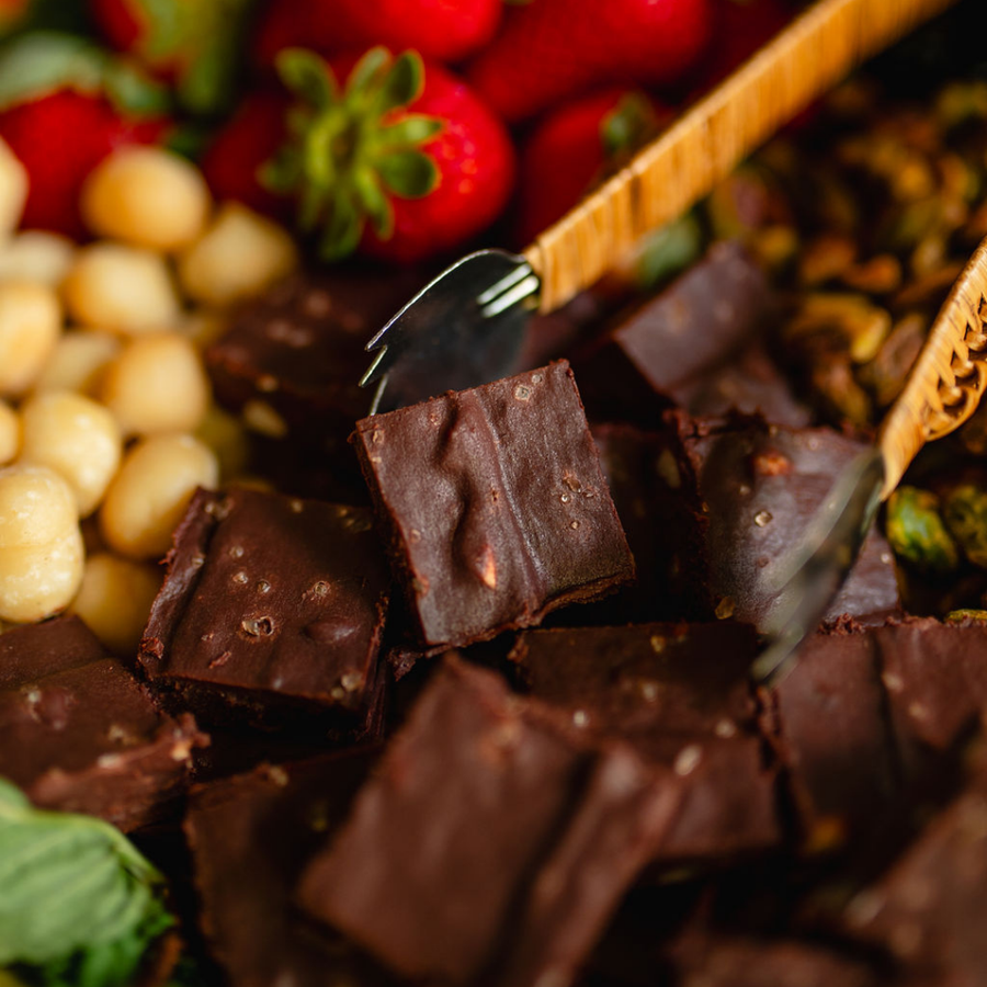 Farm to Fudge Maui Dark Chocolate Coconut Vegan Fudge Original Flavor 4-piece box, dairy-free fudge, gluten-free treat and plant-based dessert from Hawaii, USA