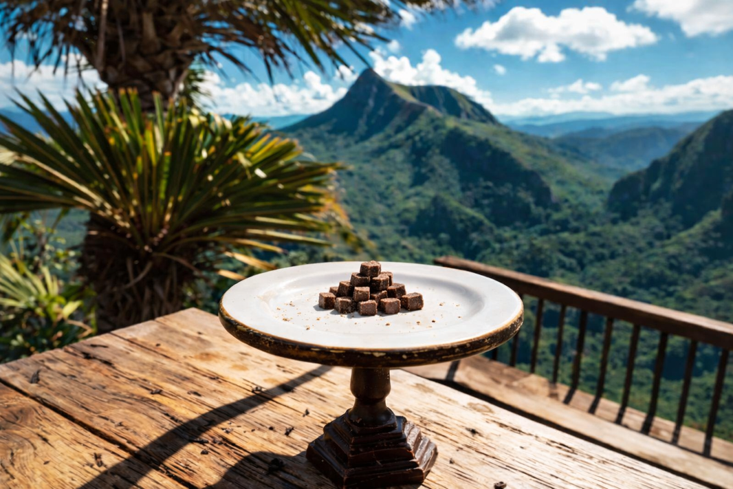 image Tray of chocolates on a wooden table with a scenic mountain view in the background