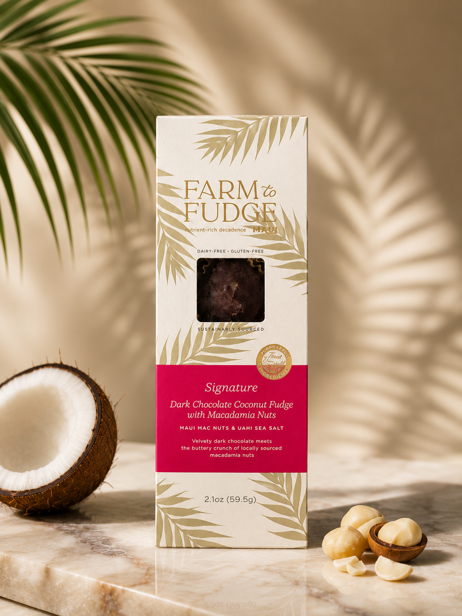 Wholesale Farm to Fudge Signature Dark Chocolate Dairy-Free Fudge with Macadamia nuts, showing rich chocolate squares with nuts