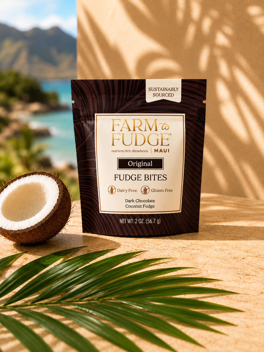 Dark chocolate coconut fudge bites from Farm to Fudge Maui in a resealable pouch, dairy-free and individually coated.