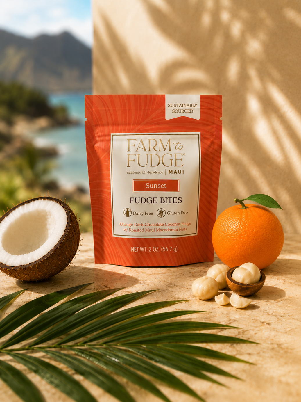 Dark chocolate coconut fudge bites with macadamia nuts in a pouch by Farm to Fudge Maui, showcasing the dairy-free snack.