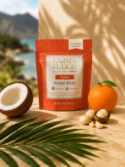 Dark chocolate coconut fudge bites with macadamia nuts in a pouch by Farm to Fudge Maui, showcasing the dairy-free snack.