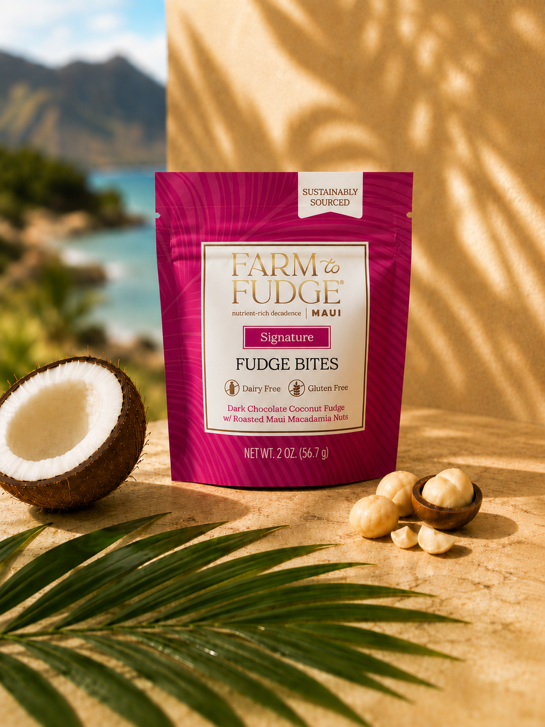 Dark chocolate coconut fudge with macadamia nuts, dairy-free signature treat in a pouch by Farm to Fudge Maui.