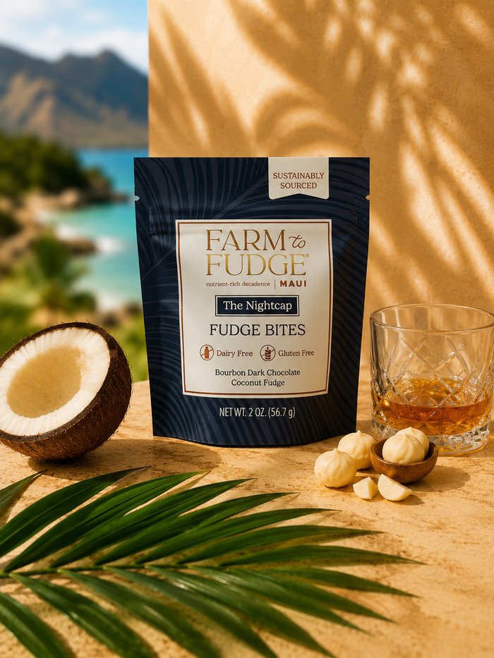 Dairy-free bourbon fudge bites in a pouch by Farm to Fudge, featuring rich, chocolatey treats with bourbon flavor.