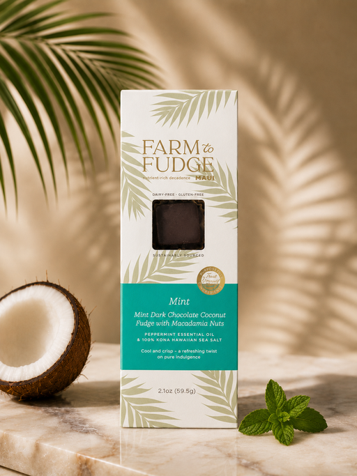 Farm to Fudge Maui vegan dark chocolate coconut fudge with macadamia nuts in a seasonal 4-piece box, showcasing rich chocolate and nut textures.