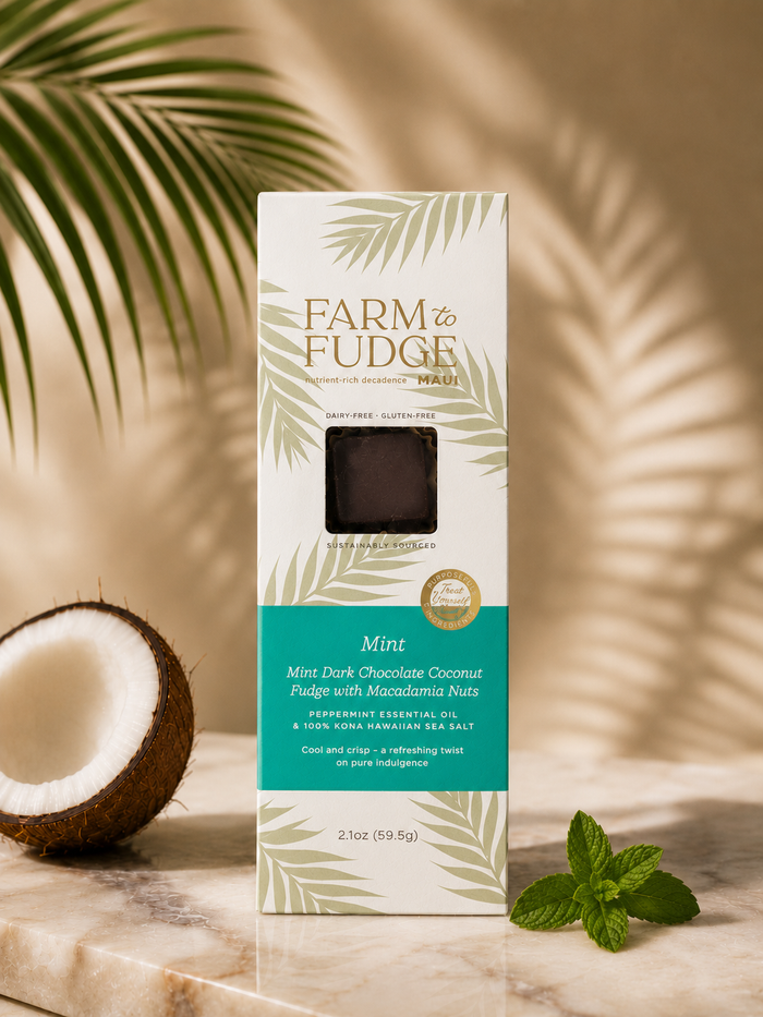 Farm to Fudge Maui vegan dark chocolate coconut fudge with macadamia nuts in a seasonal 4-piece box, showcasing rich chocolate and nut textures.