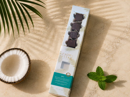 Whole wholesale mint dark chocolate coconut vegan fudge with macadamia nuts in a 4-piece seasonal box by Farm to Fudge Maui
