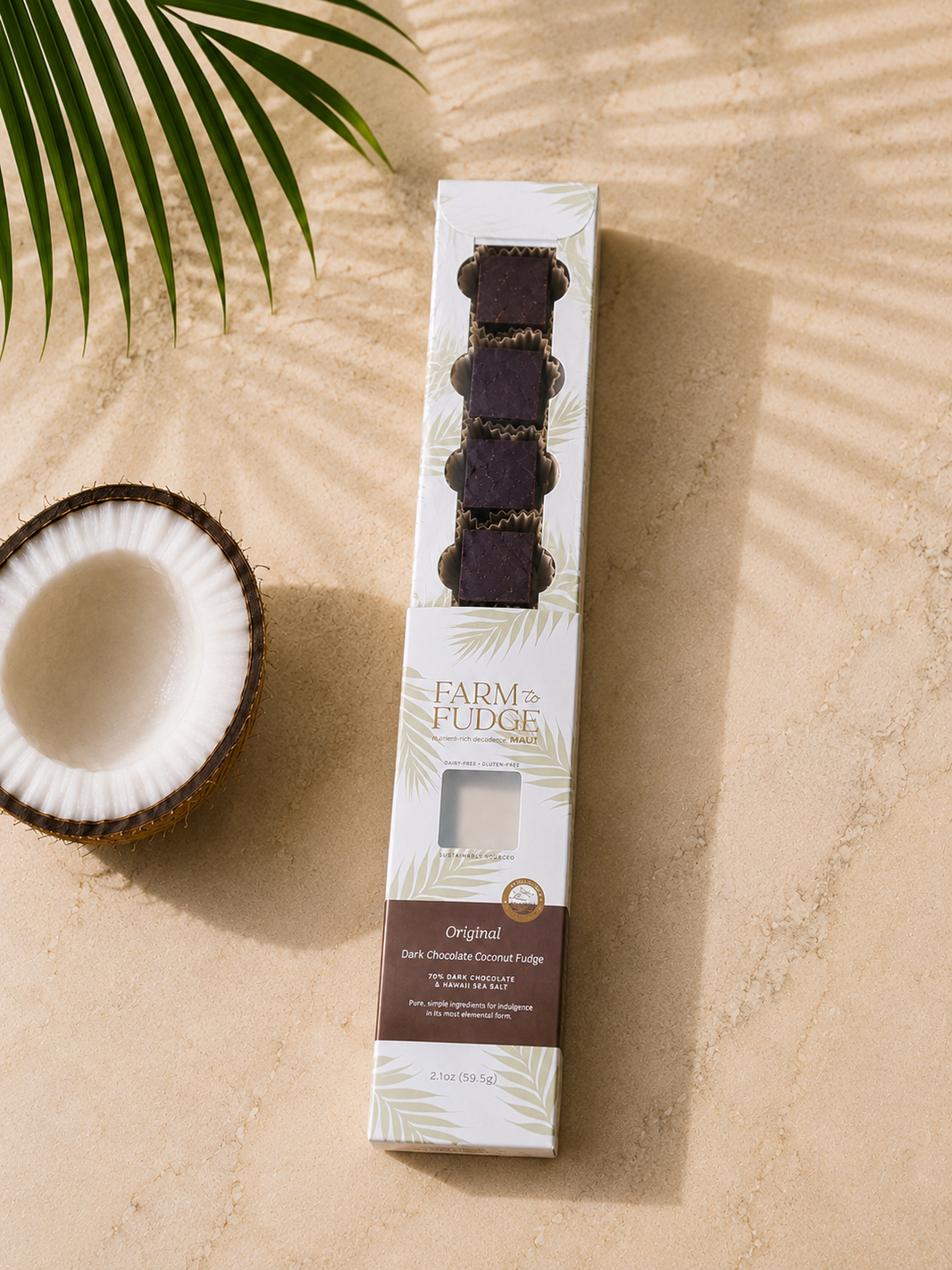 image Wholesale dark chocolate coconut dairy-free fudge by Farm to Fudge, showing a close-up of the rich, creamy chocolate coconut fudge.