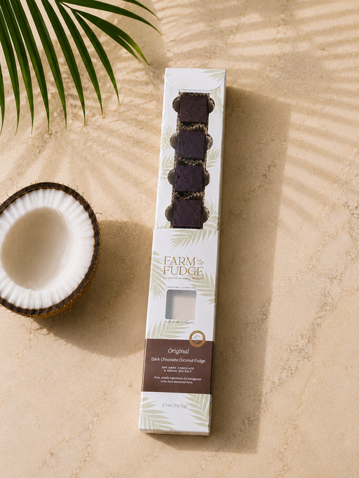 Wholesale dark chocolate coconut dairy-free fudge by Farm to Fudge, showing a close-up of the rich, creamy chocolate coconut fudge.