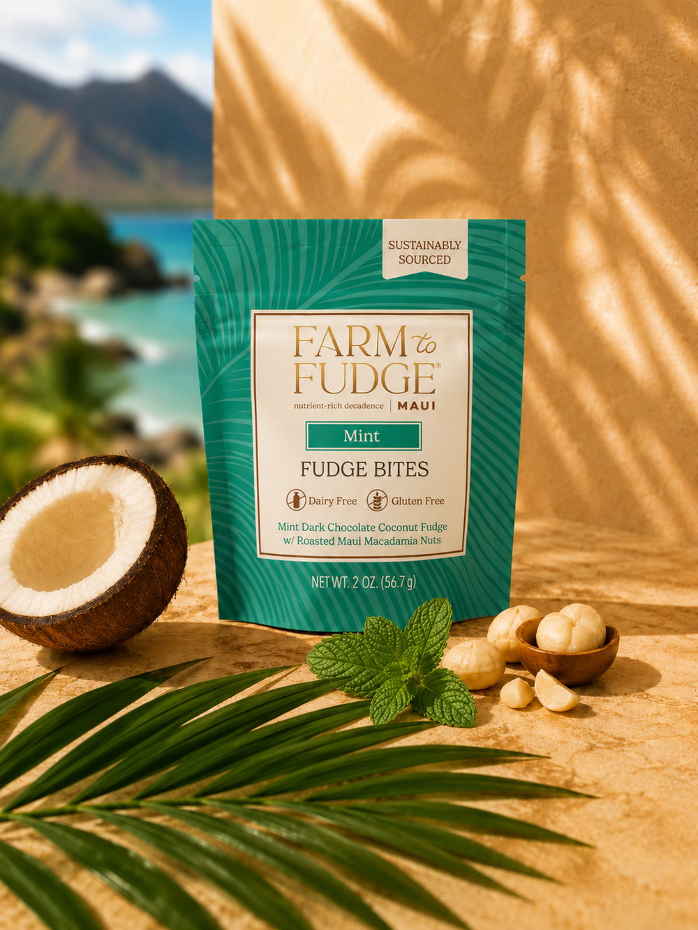 Farm to Fudge Maui mint dark chocolate coconut fudge bites with macadamia nuts in a pouch, dairy-free and rich in flavor.