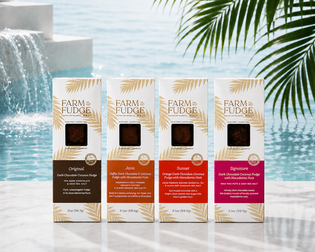 Four boxes of Farm Fudge fudge with a scenic background