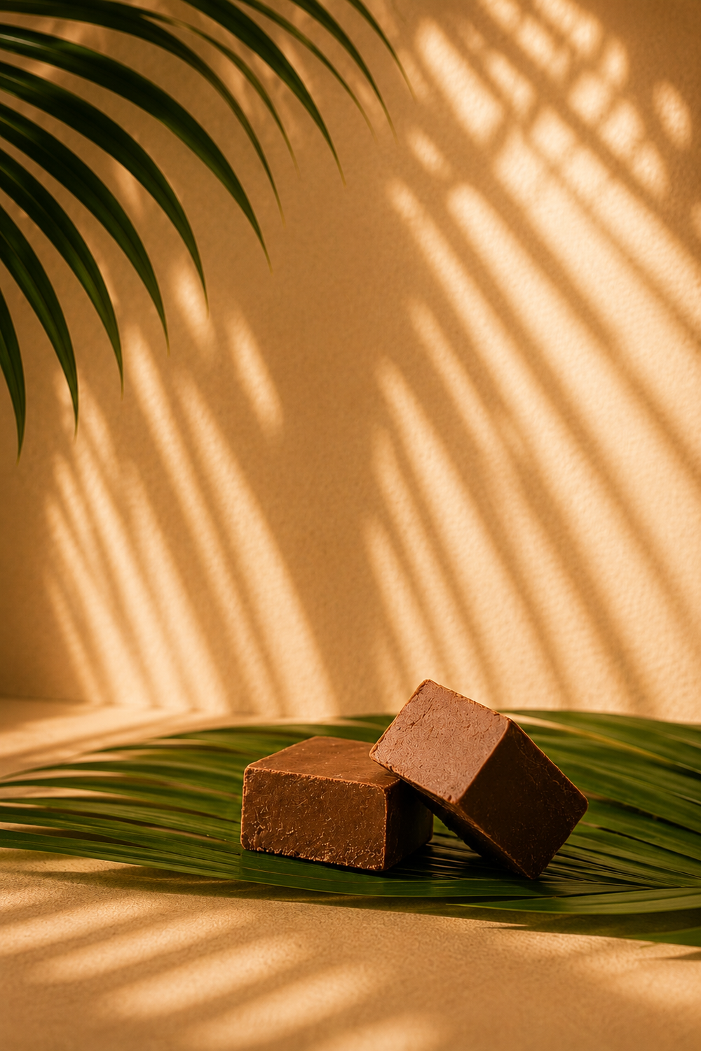 Two pieces of chocolate on a large green leaf with a warm, shadowed background