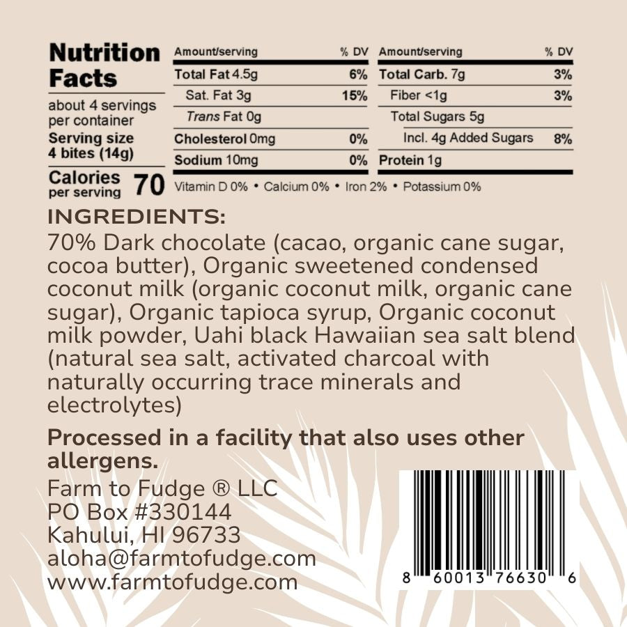 Nutrition facts and ingredients label for a dark chocolate product with coconut milk.