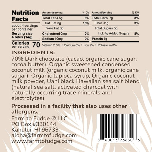 Nutrition facts and ingredients label for a dark chocolate product with coconut milk.
