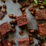 Java dark chocolate coconut vegan fudge with macadamia nuts and coffee in a 4-piece box by Farm to Fudge Maui.