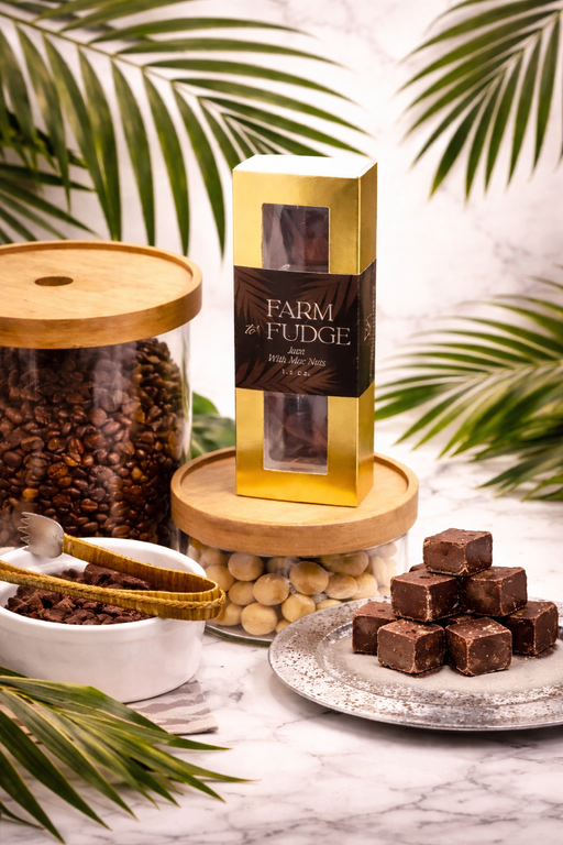 Four pieces of Farm to Fudge Java chocolate dairy-free fudge with macadamia nuts, showing rich chocolate and nut toppings.