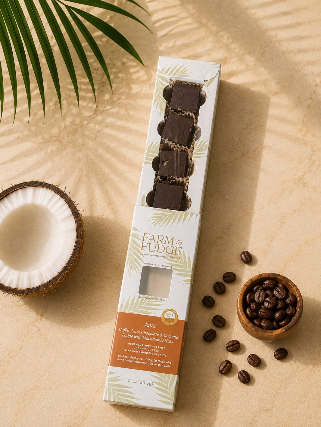 image Java Chocolate dairy-free fudge with macadamia nuts from Farm to Fudge, showcasing a rich, creamy texture with nut pieces in the image.