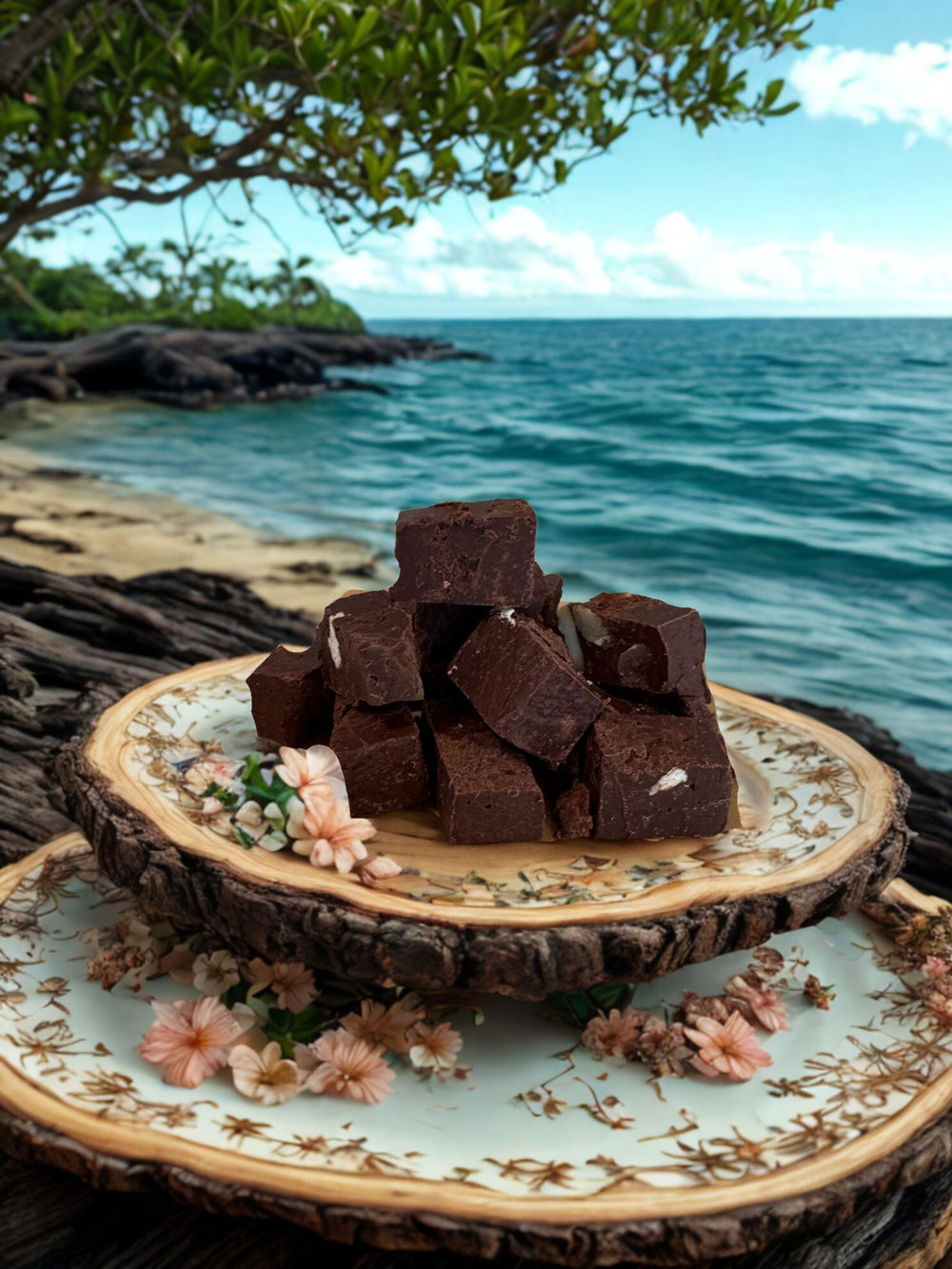 Java coconut vegan fudge bites made with dark chocolate, macadamia nuts, organic coffee, and Molokaʻi smoked sea salt.