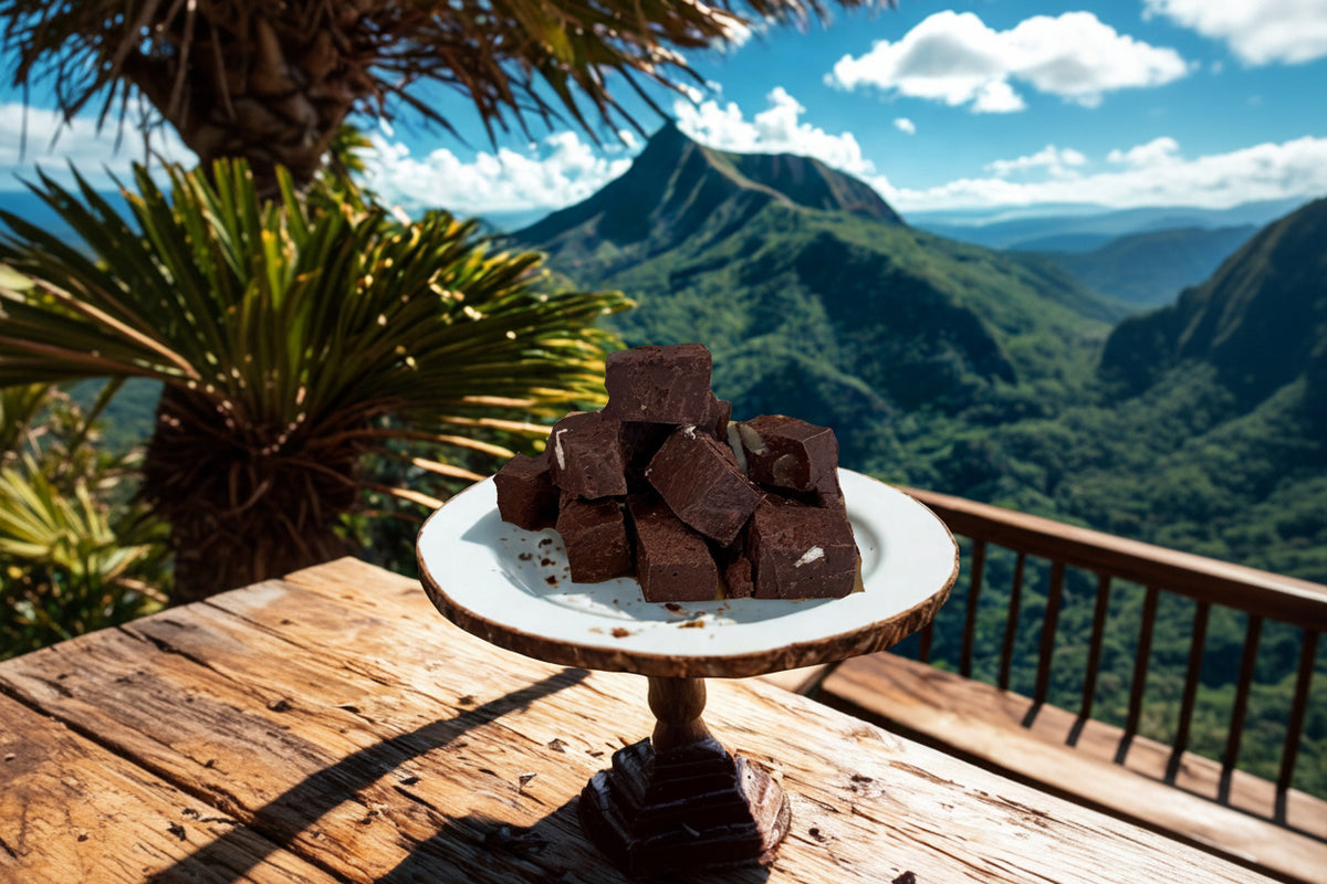 Farm to Fudge Maui Hawaiian vegan fudge bites crafted from dark chocolate, coconut milk, and Hawaiian sea salt.