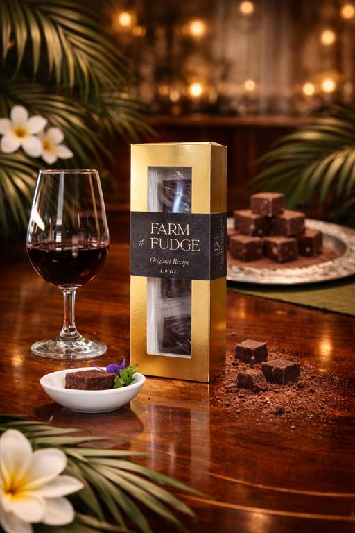 Gold box of Farm Fudge with fudge pieces and a glass of red wine on a wooden table.
