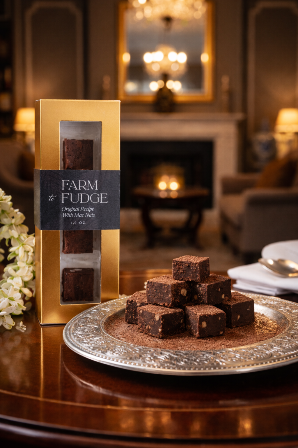 Farm Fudge chocolate bars on a decorative plate with a gold box in a elegant room setting.