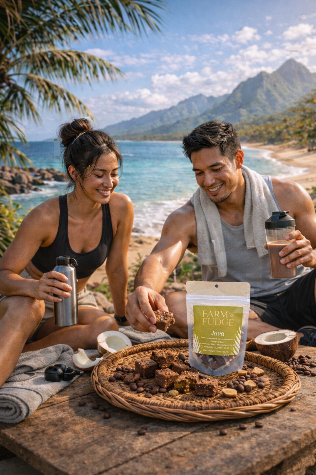 Clean, real-ingredient vegan fudge positioned as a post-workout snack made with whole foods.