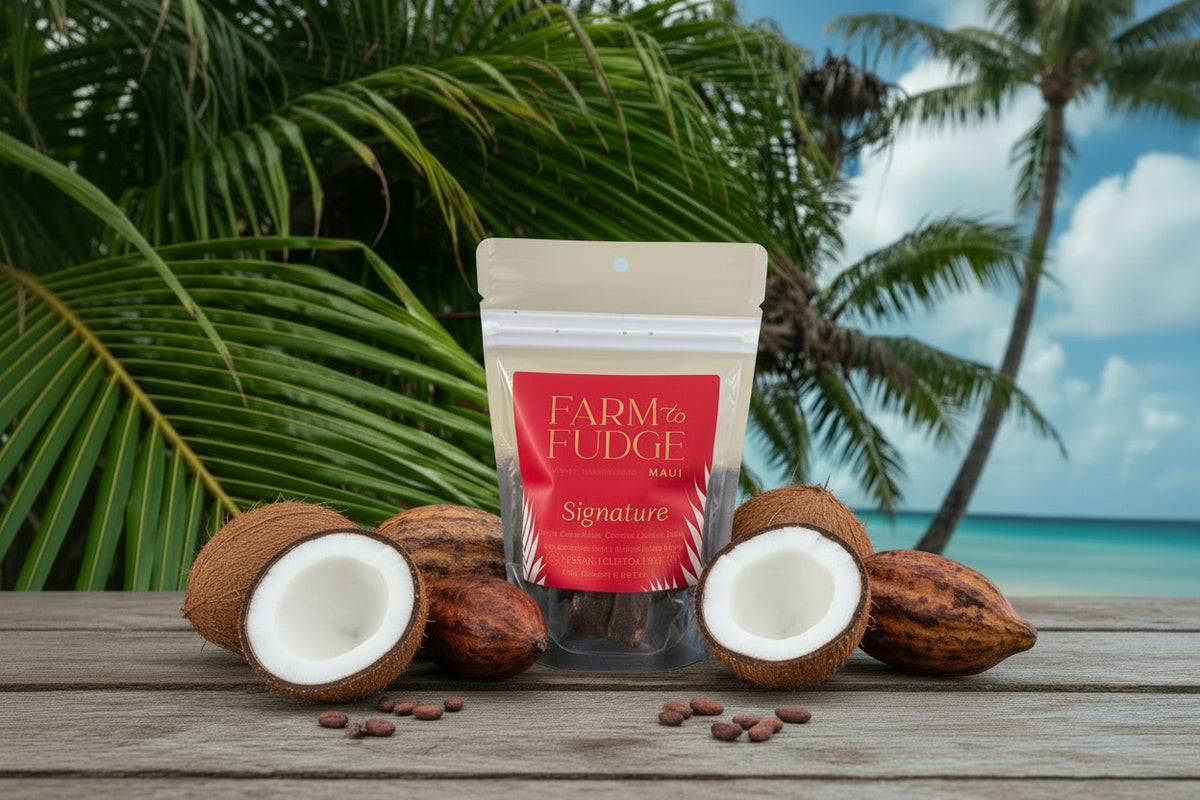 2026 Signature Fudge Bites Subscription Box featuring dark chocolate macadamia nut vegan fudge by Farm to Fudge Maui.