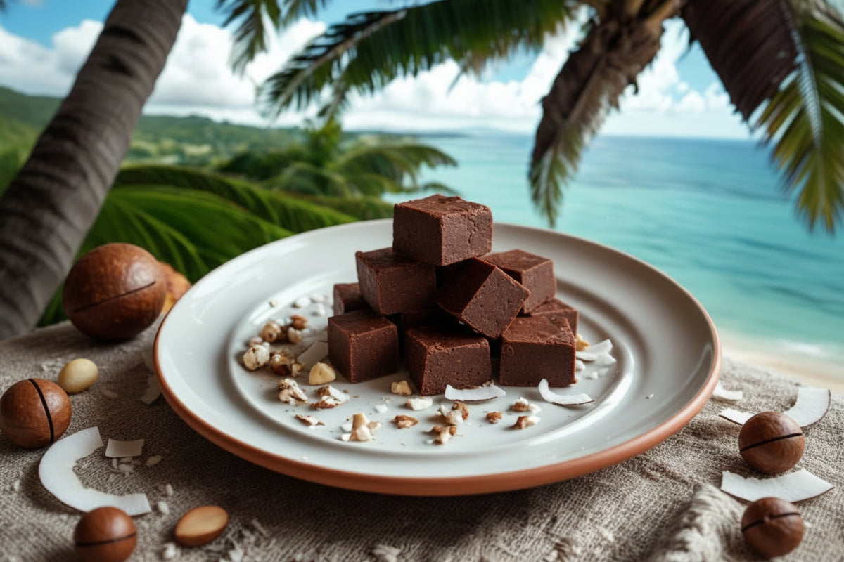 Vegan macadamia nut fudge bites crafted with smooth dark chocolate and plant-based ingredients in Hawaii.