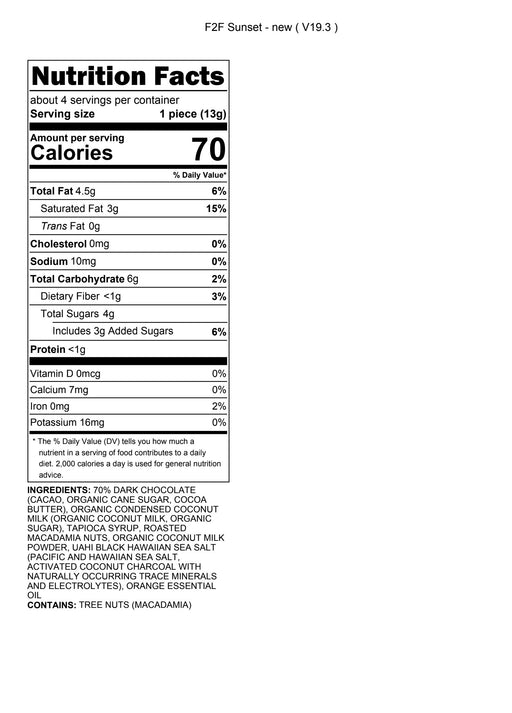 Nutrition facts label for a product Sunset Fudge with detailed calorie count and ingredient list.