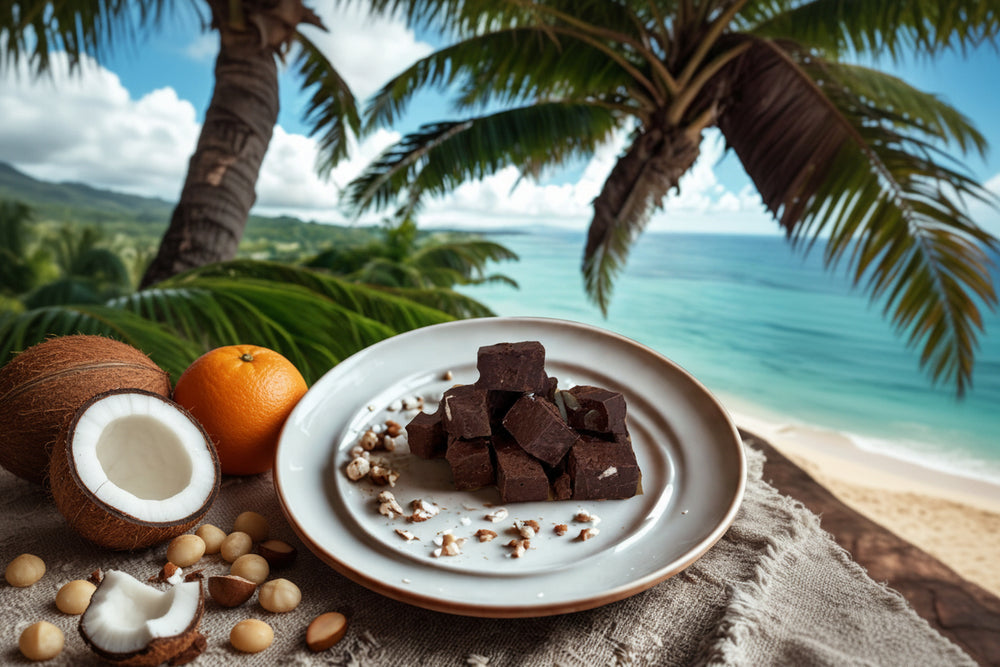 Sunset vegan fudge bites made with fair-trade cacao, coconut milk, macadamia nuts, and cold-pressed orange oil.