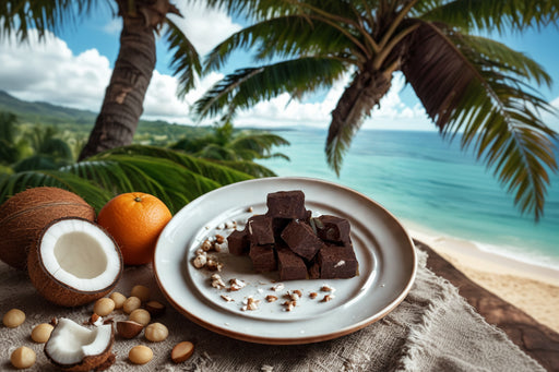 Sunset vegan fudge bites made with fair-trade cacao, coconut milk, macadamia nuts, and cold-pressed orange oil.