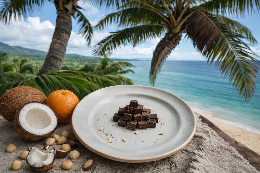 image 2026 Sunset Dark Coconut Chocolate Vegan Fudge Bites w/ Macadamia Nuts (Pouch) - Farm to Fudge Maui