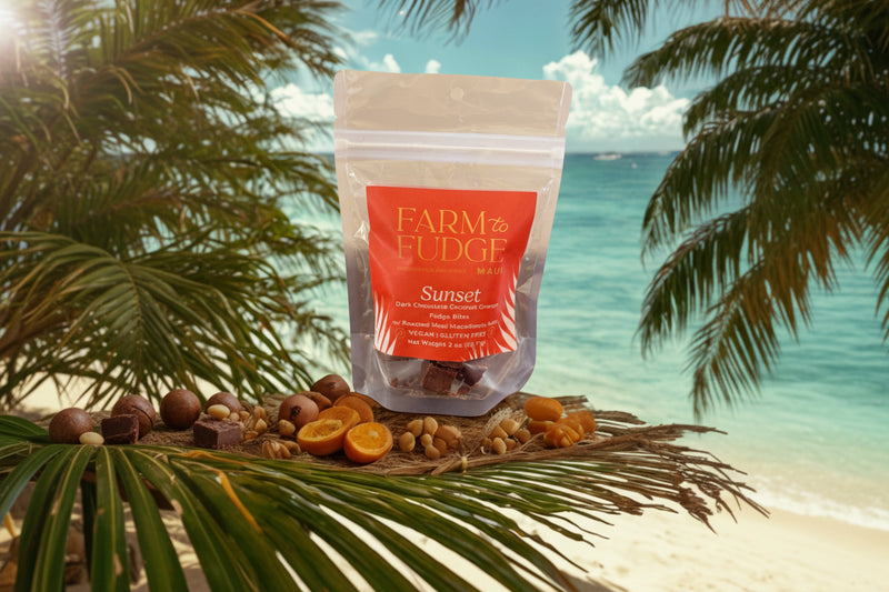 Hawaiian vegan fudge subscription box with Sunset dark chocolate coconut fudge and macadamia nuts, handcrafted in Maui.