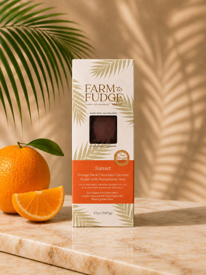 Farm Fudge Sunset chocolate bar packaging with an orange and palm leaves in the background
